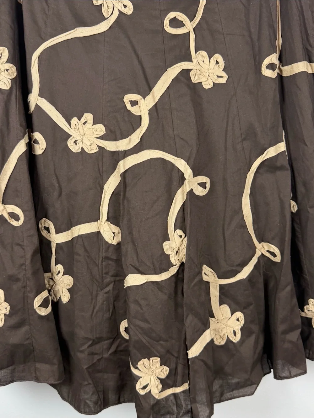 Sunny Leigh Y2K Brown Tan Floral Ribbon Appliqué Midi Skirt Fairy 100% Cotton 8